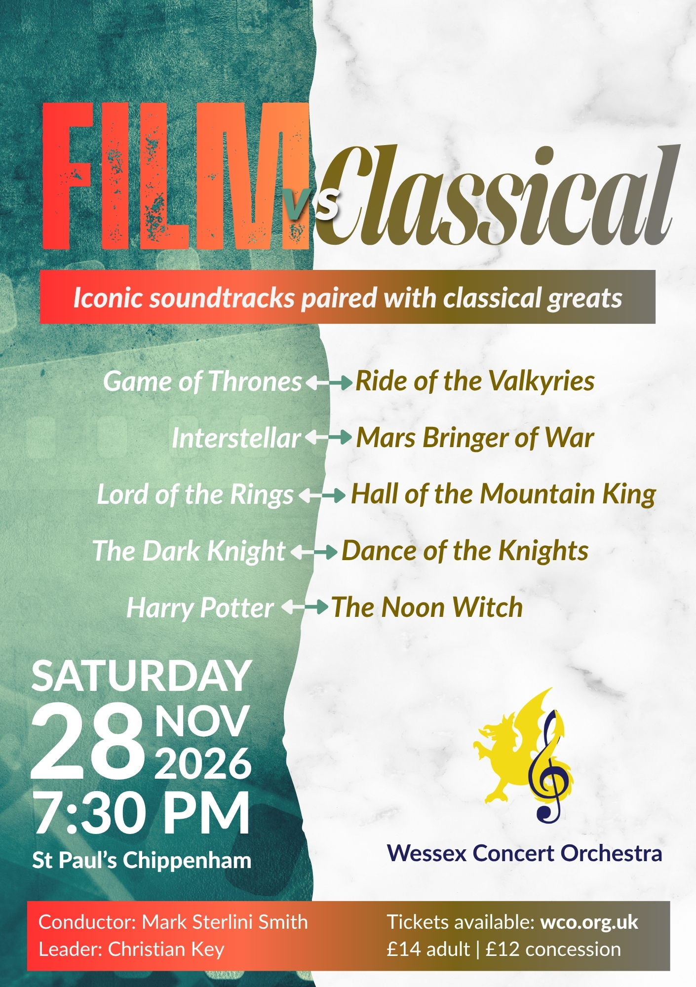 Film vs. classical concert poster